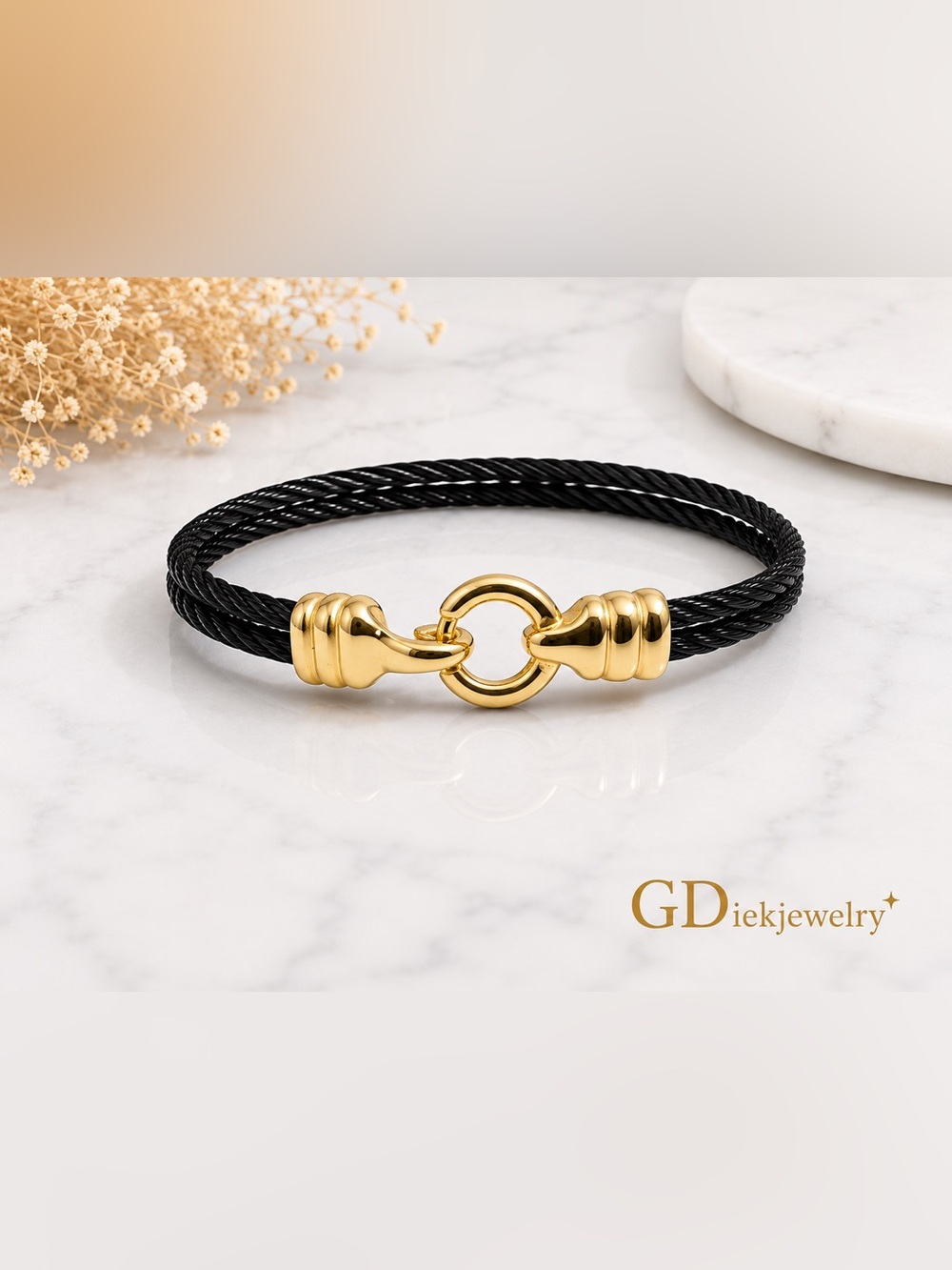 Stainless steel Black Cable Bracelet with Gold Ring Clasp